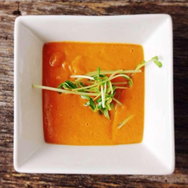 Raw Carrot Ginger Lime Soup with Avocado & Coconut