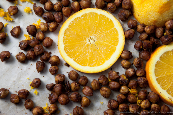 Sweet Chili Orange Fennel Roasted Chickpeas // picklesnhoney.com