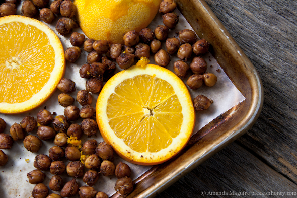 Sweet Chili Orange Fennel Roasted Chickpeas // picklesnhoney.com