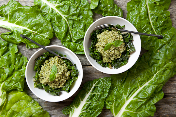 Vegan Pesto Brown Rice with Sautéed Greens