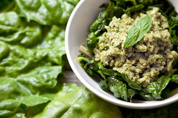 Vegan Pesto Brown Rice with Sautéed Greens