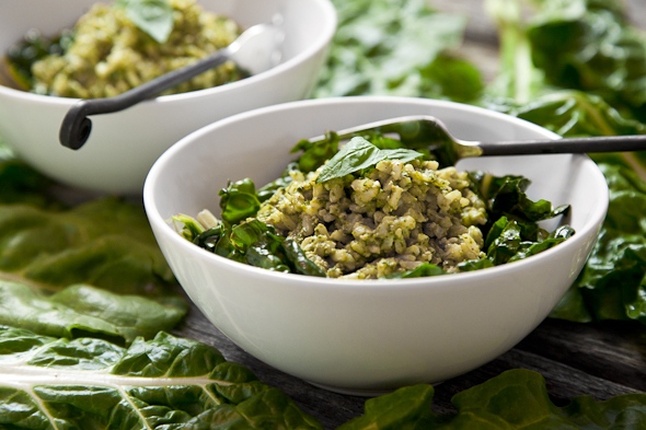 Vegan Pesto Brown Rice with Sautéed Greens