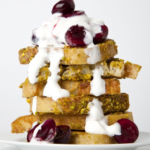 Pistachio-Crusted French Toast with Bourbon Maple Cherries and Vanilla Bean Coconut Whipped Cream (Vegan, Gluten-Free Option) | picklesnhoney.com