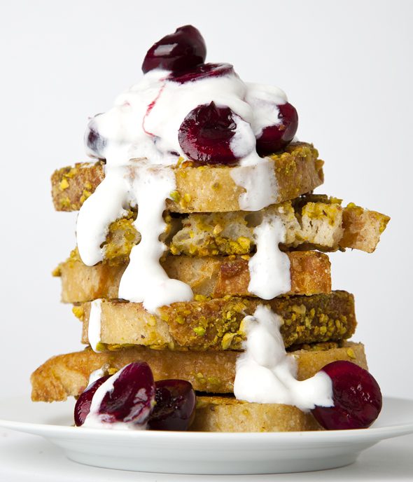 Pistachio-Crusted French Toast with Bourbon Maple Cherries and Vanilla Bean Coconut Whipped Cream (Vegan, Gluten-Free Option) | picklesnhoney.com