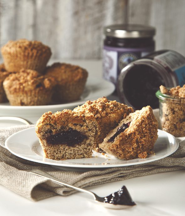 Banana Coffee Cake Muffins with Blueberry Elderberry Filling (vegan) + Norm's Farms Giveaway | picklesnhoney.com