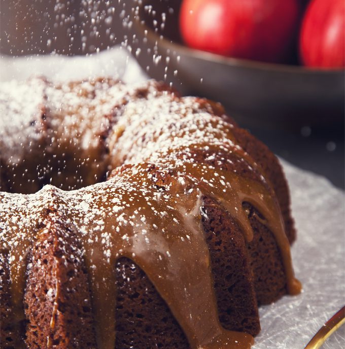 Spiced Apple Cider Spelt Cake with Vegan Caramel Sauce | picklesnhoney.com