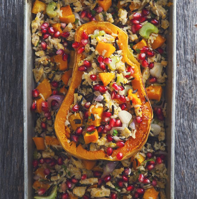 Stuffed Butternut Squash with Tempeh aka healthy comfort food at its finest! So flavorful, satisfying, and pretty too! | picklesnhoney.com #butternut #squash #tempeh #stuffed #thanksgiving #fall #winter #recipe #vegan #glutenfree #main #lunch #dinner