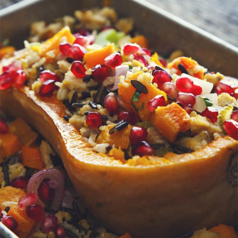 Stuffed Butternut Squash with Tempeh aka healthy comfort food at its finest! So flavorful, satisfying, and pretty too! | picklesnhoney.com #butternut #squash #tempeh #stuffed #thanksgiving #fall #winter #recipe #vegan #glutenfree #main #lunch #dinner