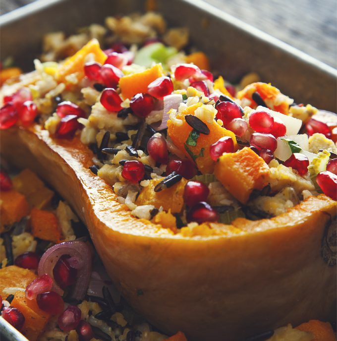 Stuffed Butternut Squash with Tempeh aka healthy comfort food at its finest! So flavorful, satisfying, and pretty too! | picklesnhoney.com #butternut #squash #tempeh #stuffed #thanksgiving #fall #winter #recipe #vegan #glutenfree #main #lunch #dinner