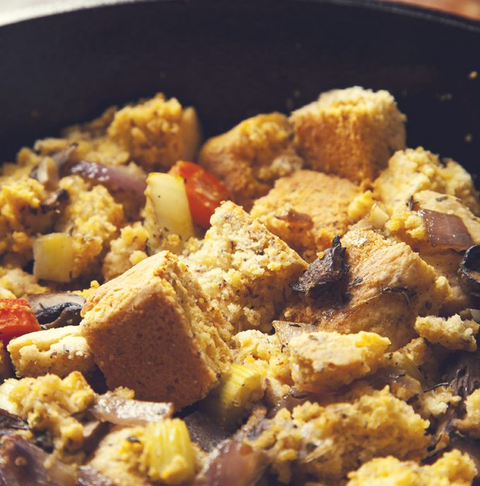 Skillet Cornbread Stuffing with Mushrooms & Herbs (Vegan, Gluten-Free Option) | picklesnhoney.com