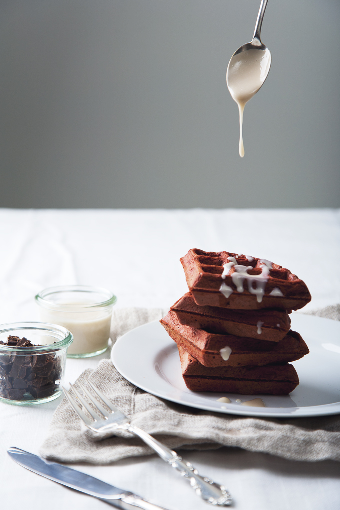 Vegan Red Velvet Waffles with Cream Cheese Icing | picklesnhoney.com