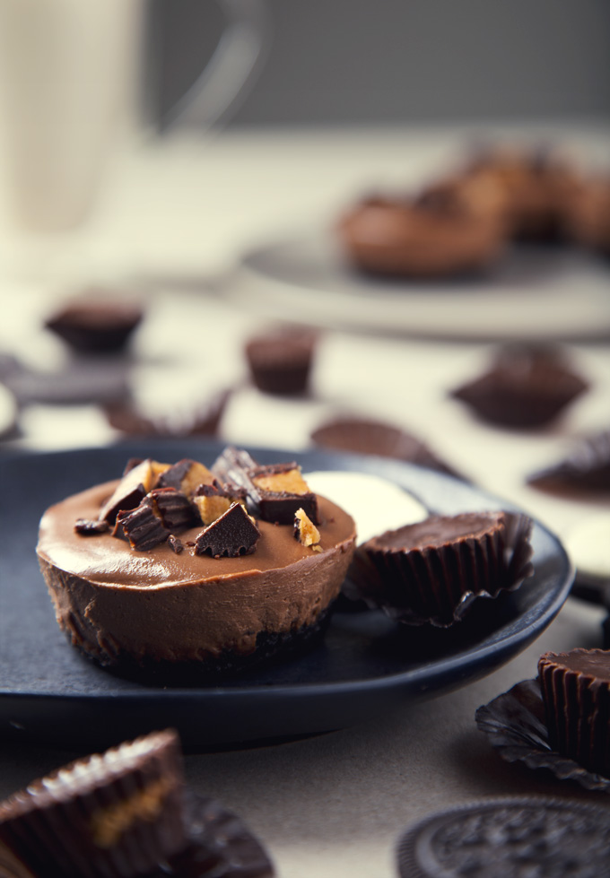 No-Bake Mini Peanut Butter Cup Vegan Chocolate Cheesecakes | picklesnhoney.com