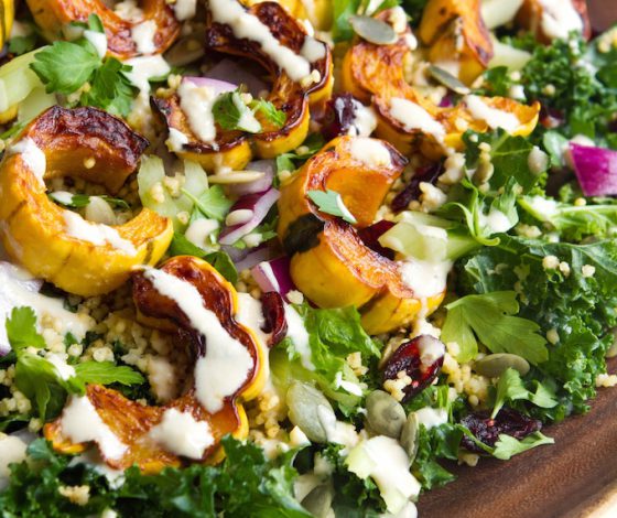 Oh She Glows Kale Salad with Delicata Squash, Quinoa, & Lemon- tahini Dressing | Just 10 Ingredients + 30 Minutes to Prep! | picklesnhoney.com #ohsheglows #kale #salad #recipe #vegan #glutenfree #thanksgiving #quinoa #squash #lemon #tahini