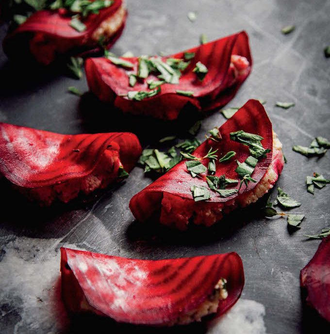 Easy Raw Beet Ravioli with Almond Thyme Pâté + Basil | picklesnhoney.com #raw #vegan #ravioli #glutenfree