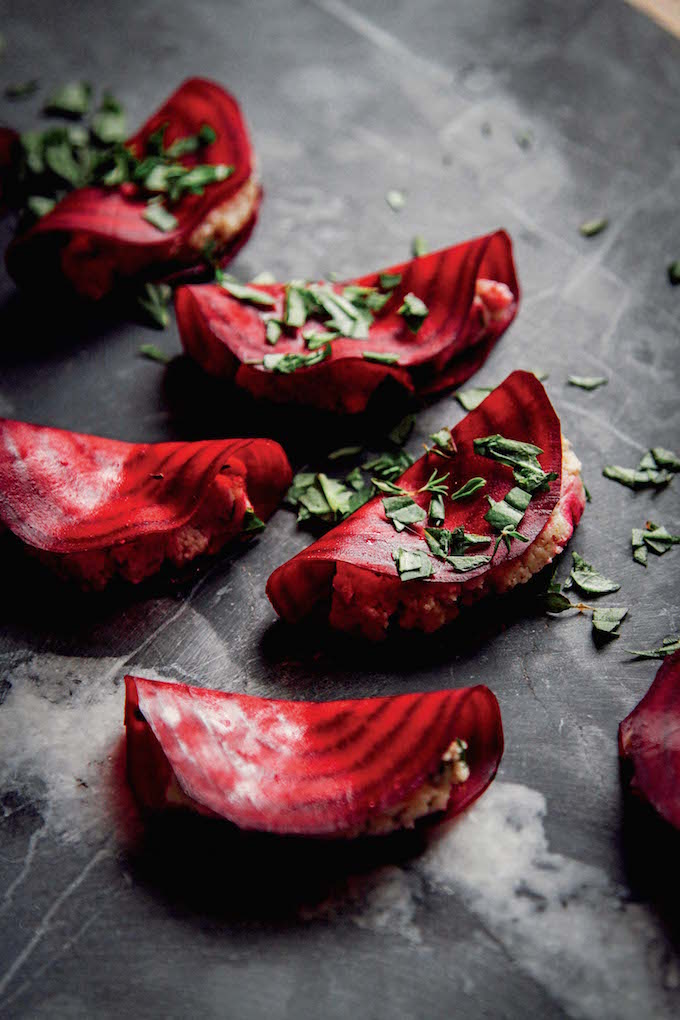 Easy Raw Beet Ravioli with Almond Thyme Pâté + Basil | picklesnhoney.com #raw #vegan #ravioli #glutenfree