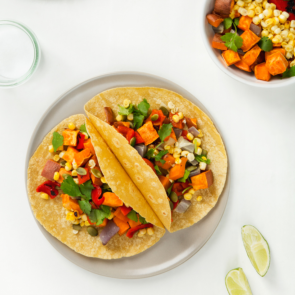 Sweet Potato Tacos with Grilled Corn & Roasted Red Pepper | picklesnhoney.com #vegan #glutenfree #recipe #tacos #cincodemayo