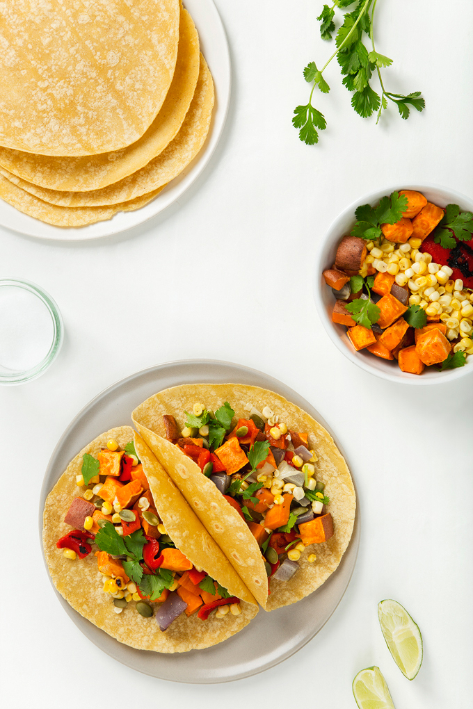 Sweet Potato Tacos with Grilled Corn & Roasted Red Pepper | picklesnhoney.com #vegan #glutenfree #recipe #tacos #cincodemayo