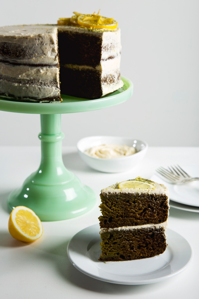 Matcha Cake with Lemon Buttercream | picklesnhoney.com #matcha #cake #recipe #eggfree #dairyfree