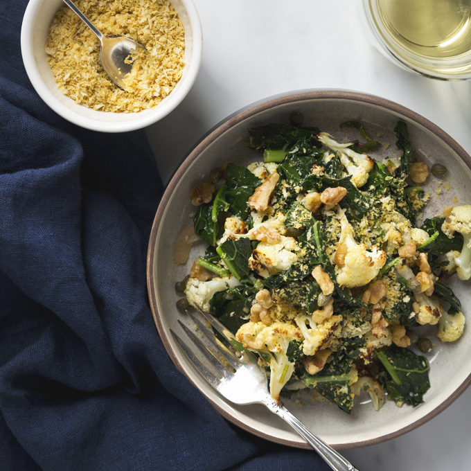 Warm Cauliflower and Kale Salad (10 Ingredients, 30 Minutes) | picklesnhoney.com #cauliflower #kale #salad #recipe #vegan