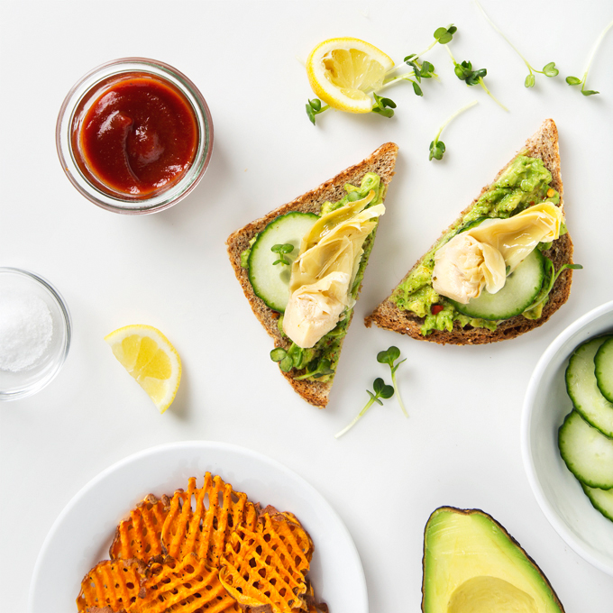 Artichoke Avocado Toast with Sweet Potato Waffle Fries