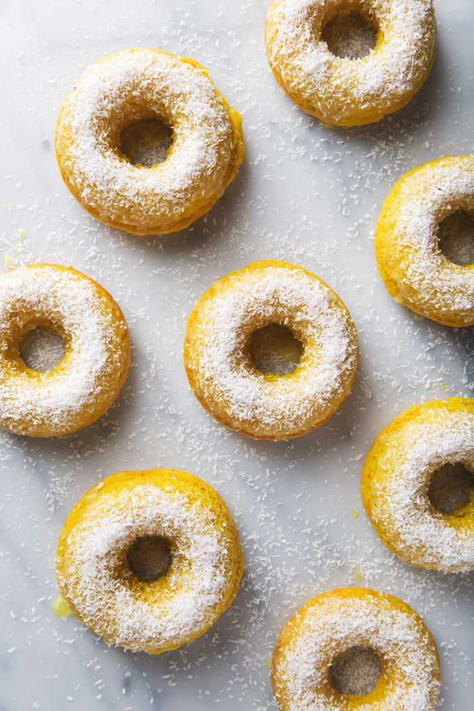 Turmeric Lemon Coconut Donuts | picklesnhoney.com #donuts #coconut #turmeric #lemon #dessert