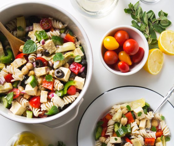 Greek Pasta Salad with Tofu Feta Cheese | picklesnhoney.com #pasta #salad #vegan #greek #glutenfree #recipe