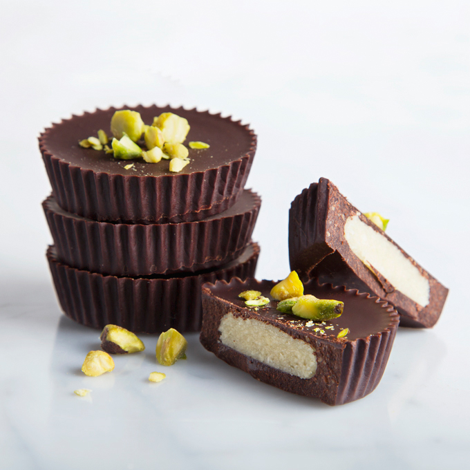 Marzipan Dark Chocolate Cups with Salted Pistachios | picklesnhoney.com #vegan #chocolate #marzipan #dessert #recipe