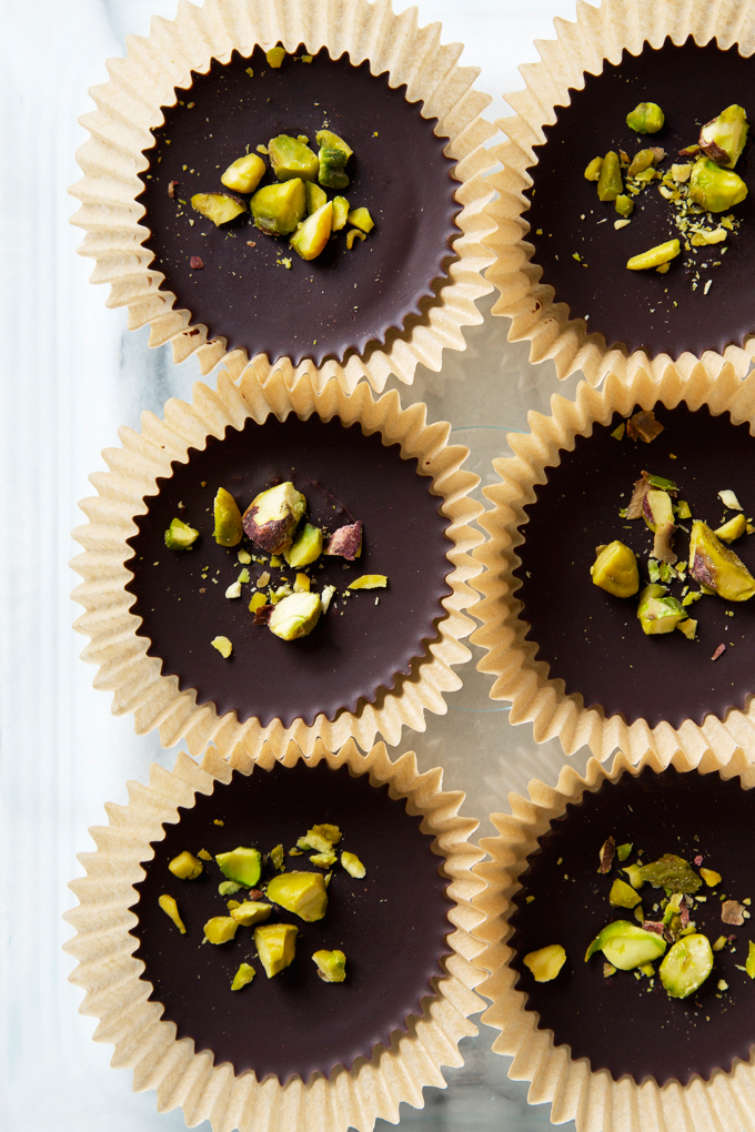 Marzipan Dark Chocolate Cups with Salted Pistachios | picklesnhoney.com #vegan #chocolate #marzipan #dessert #recipe