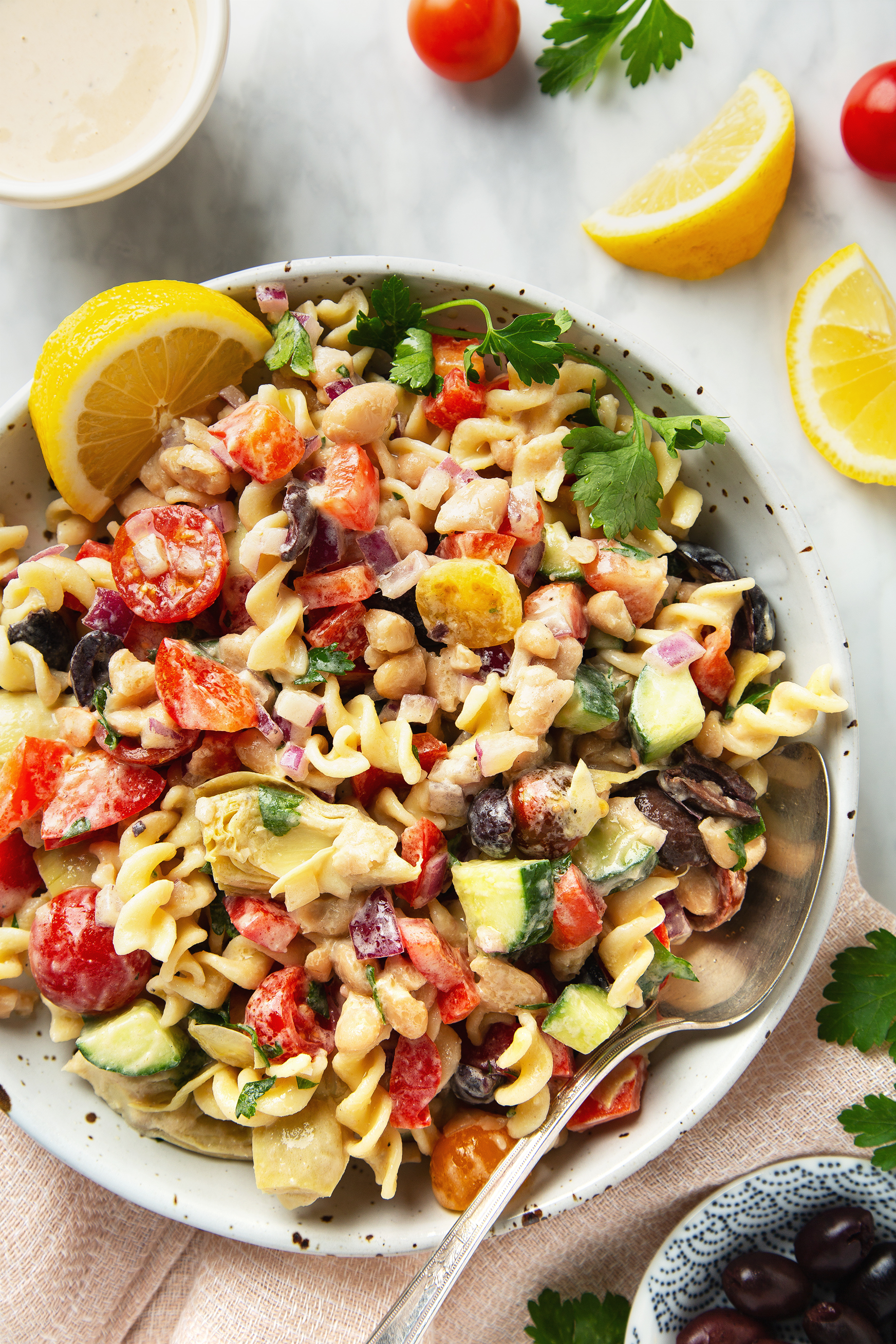 30-Minute Creamy Tahini Pasta Salad (Vegan & Gluten-Free!) | picklesnhoney.com #tahini #pasta #salad #side #main #lunch #dinner #recipe #vegan #glutenfree