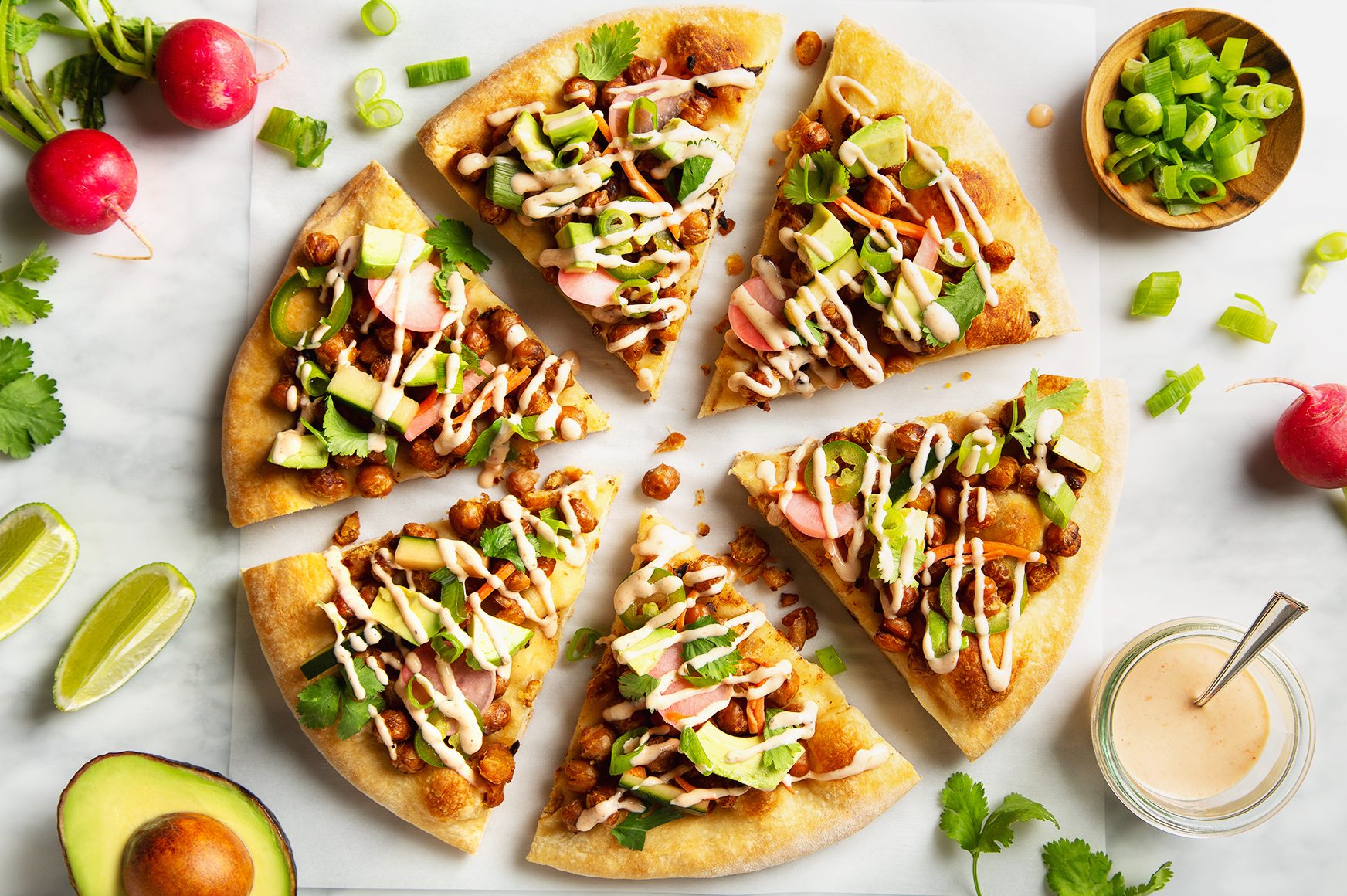 Crispy Chickpea Banh Mi Pizza with Quick Homemade Pickles! | picklesnhoney.com #chickpea #banhmi #pizza #vegan #lunch #dinner #recipe