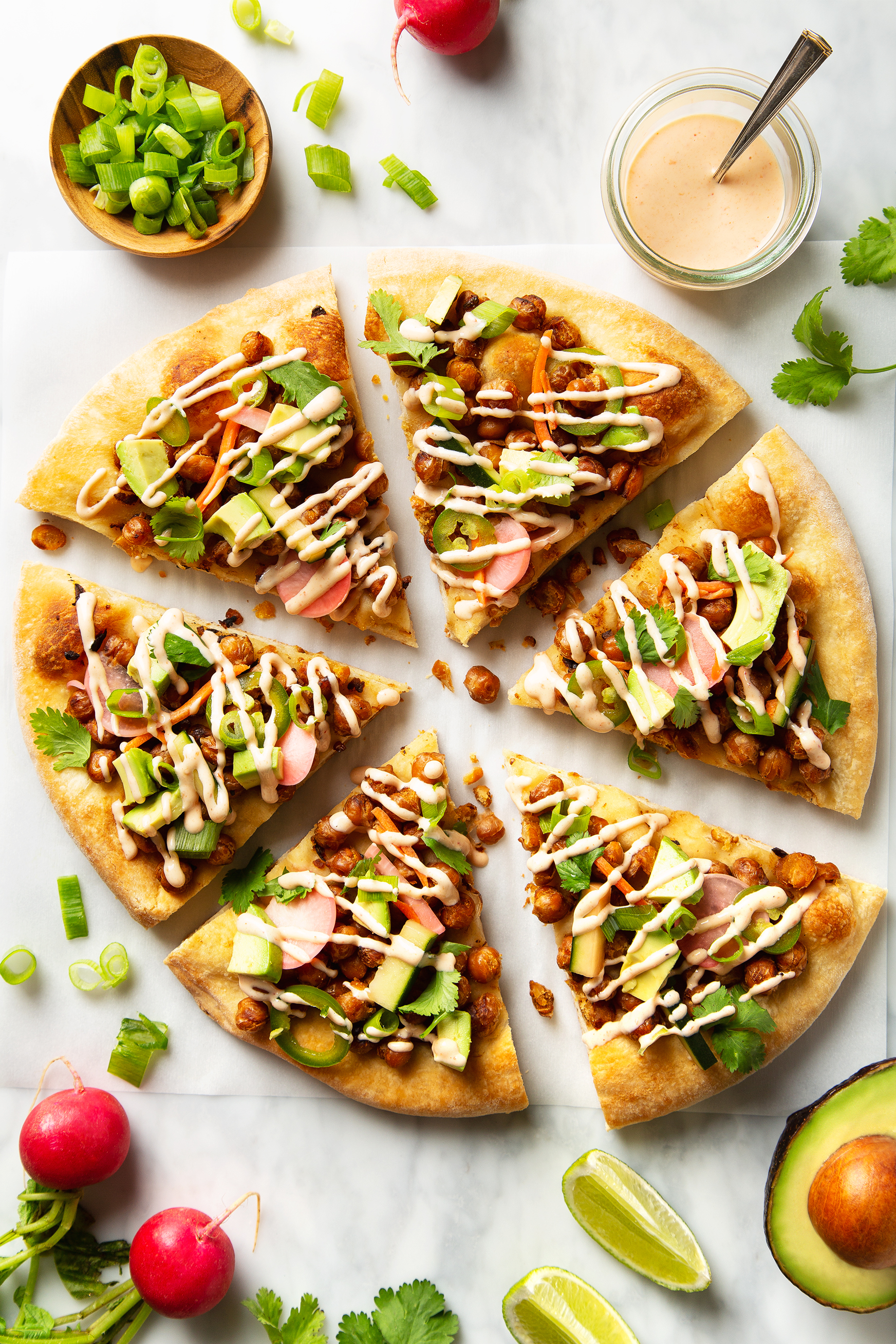 Crispy Chickpea Banh Mi Pizza with Quick Homemade Pickles! | picklesnhoney.com #chickpea #banhmi #pizza #vegan #lunch #dinner #recipe