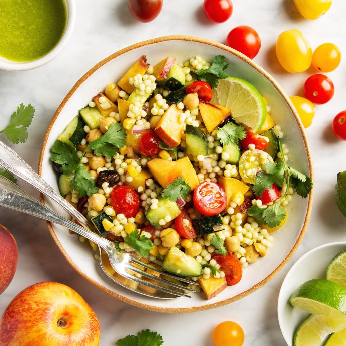 Summer Couscous Salad with Cilantro Lime Vinaigrette | picklesnhoney.com #summer #couscous #salad #cilantro #lime #vinaigrette #side #lunch #dinner #vegan #recipe