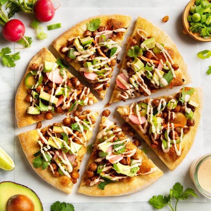 Crispy Chickpea Banh Mi Pizza with Quick Homemade Pickles! | picklesnhoney.com #chickpea #banhmi #pizza #vegan #lunch #dinner #recipe