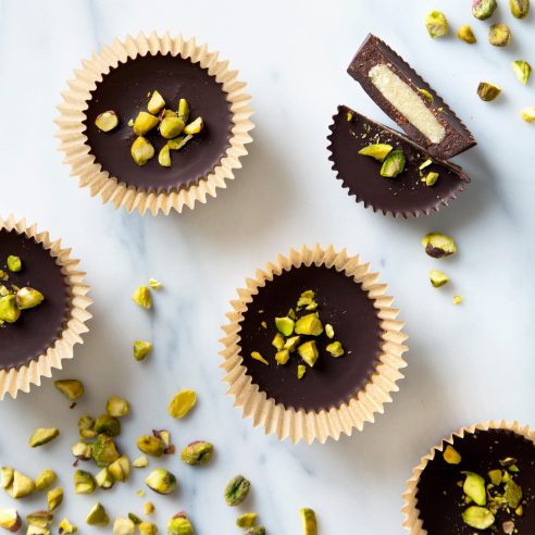 Marzipan Dark Chocolate Cups with Salted Pistachios | picklesnhoney.com #vegan #chocolate #marzipan #dessert #recipe